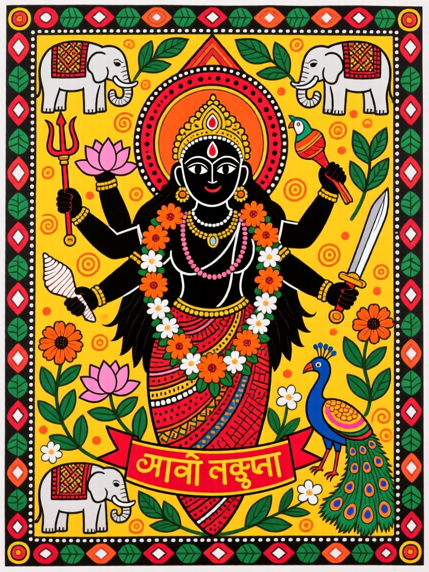 Durga standing serene and powerful, garlanded with fresh flowers.