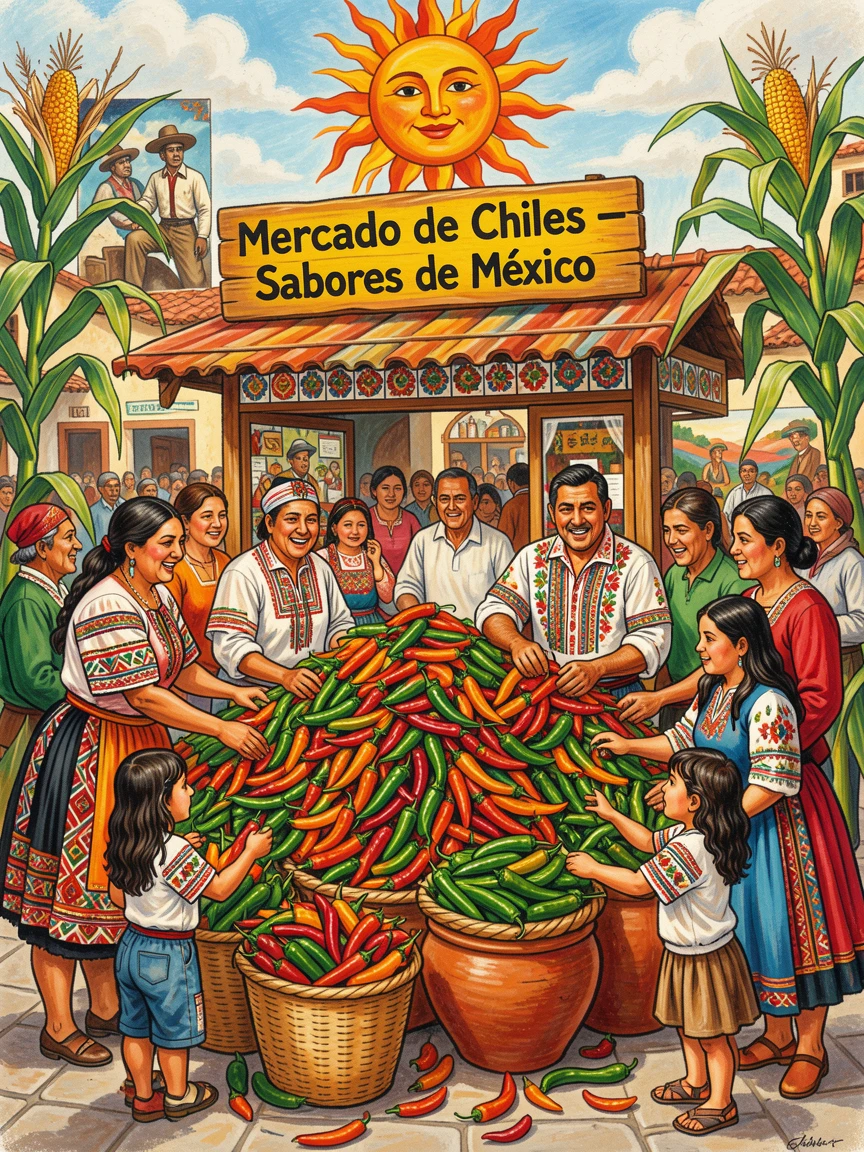 A market stall piled high with colorful chili peppers