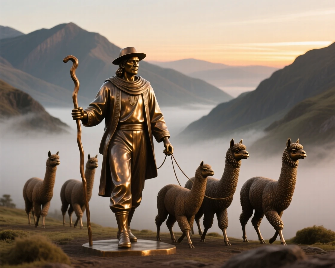 A peruvian shepherd guiding alpacas through misty mountains, silhouetted against a glowing horizon, forming a strong central focal point