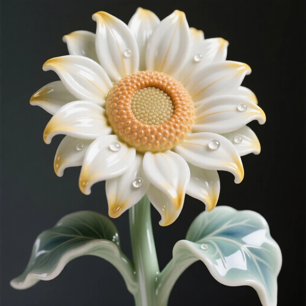 A single sunflower in full, perfect bloom, dew drops resting delicately on its surface.