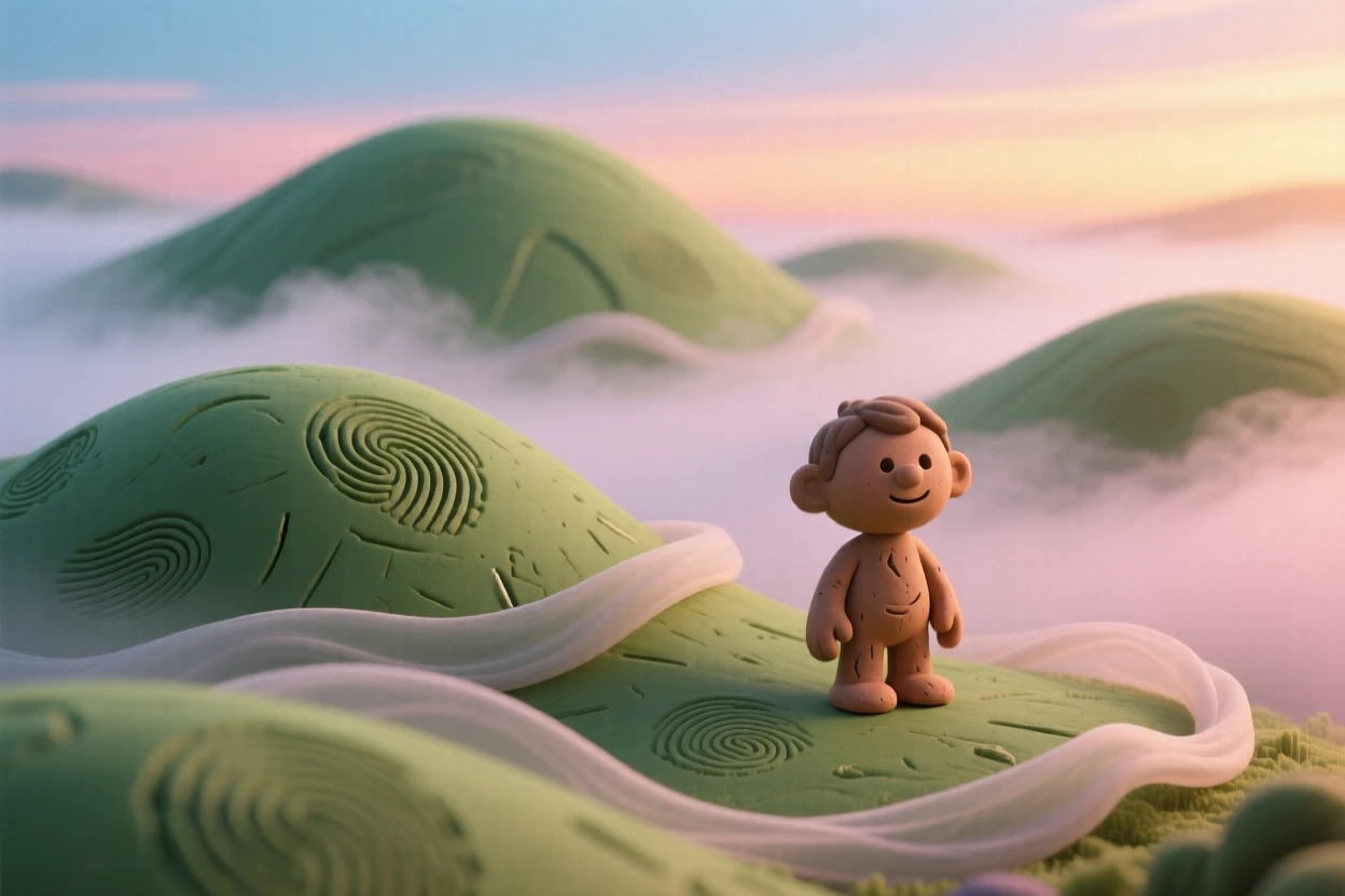 A dense fog rolling over rolling green hills at dawn