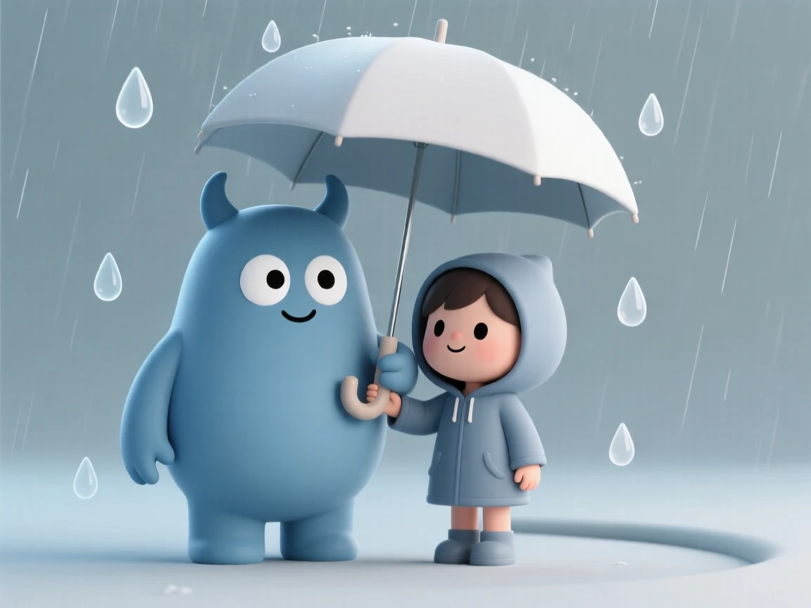 A shy blue monster with big round eyes shares an umbrella with a child during a gentle rainstorm.