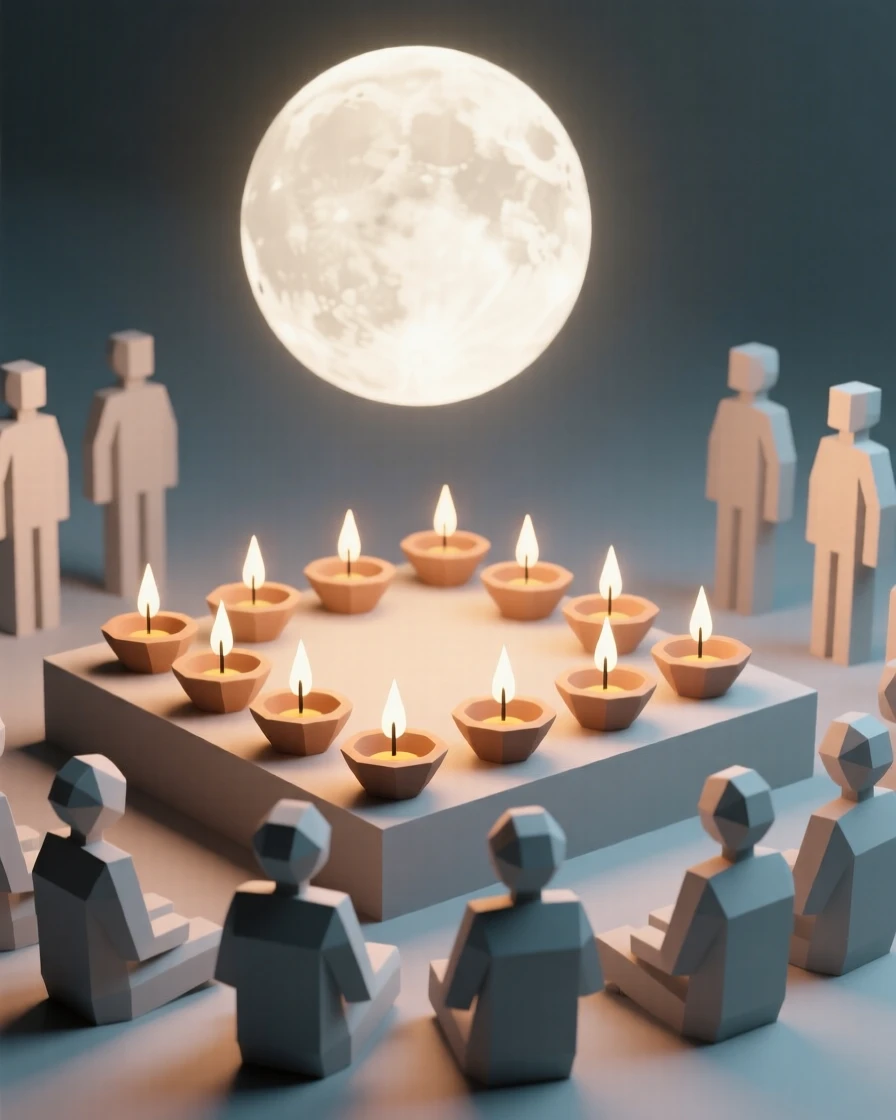 A Diwali celebration with rows of glowing oil lamps, beneath a full harvest moon. the composition centers on the main celebratory focal point. A gentle sense of togetherness fills the scene.