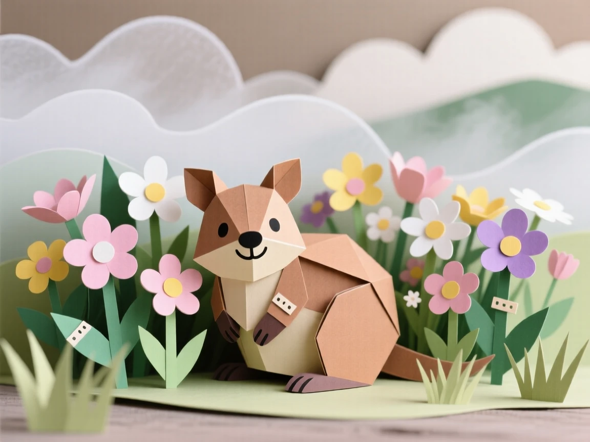A tiny quokka nestled among blooming wildflowers, with mist rising gently in the background, evoking cozy, heartwarming charm.