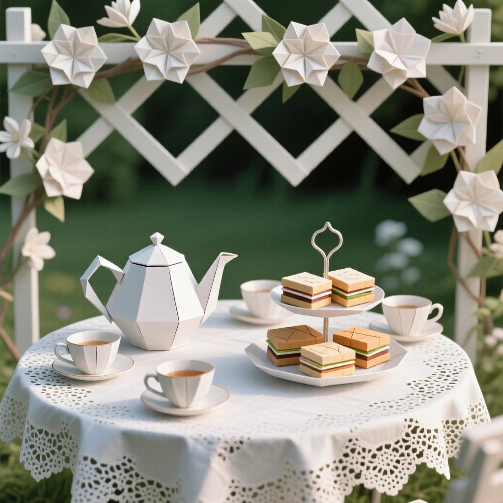 A garden tea party set on a lace tablecloth beneath a blooming trellis.