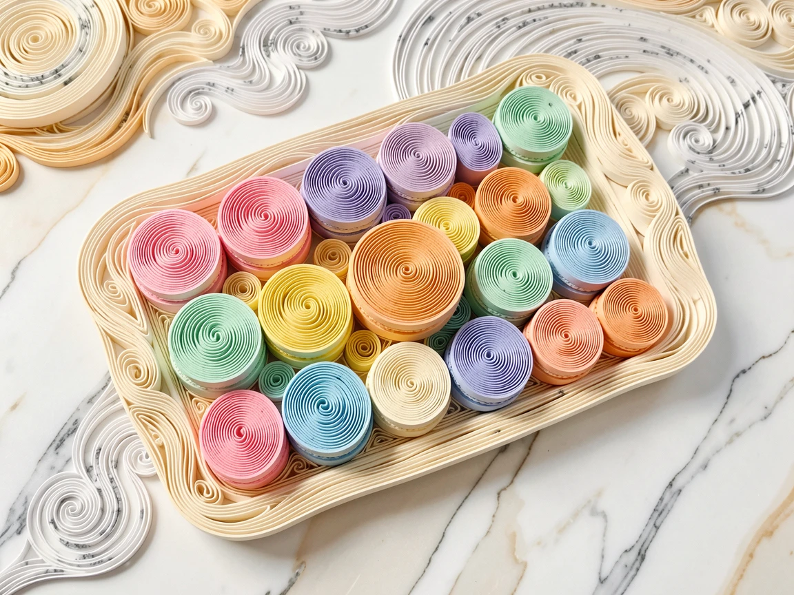 a tray of macarons in a rainbow of pastel colors, on a marble countertop in a modern kitchen, arranged in an appetizing overhead flat-lay composition, in warm, appetizing tones of amber and cream.