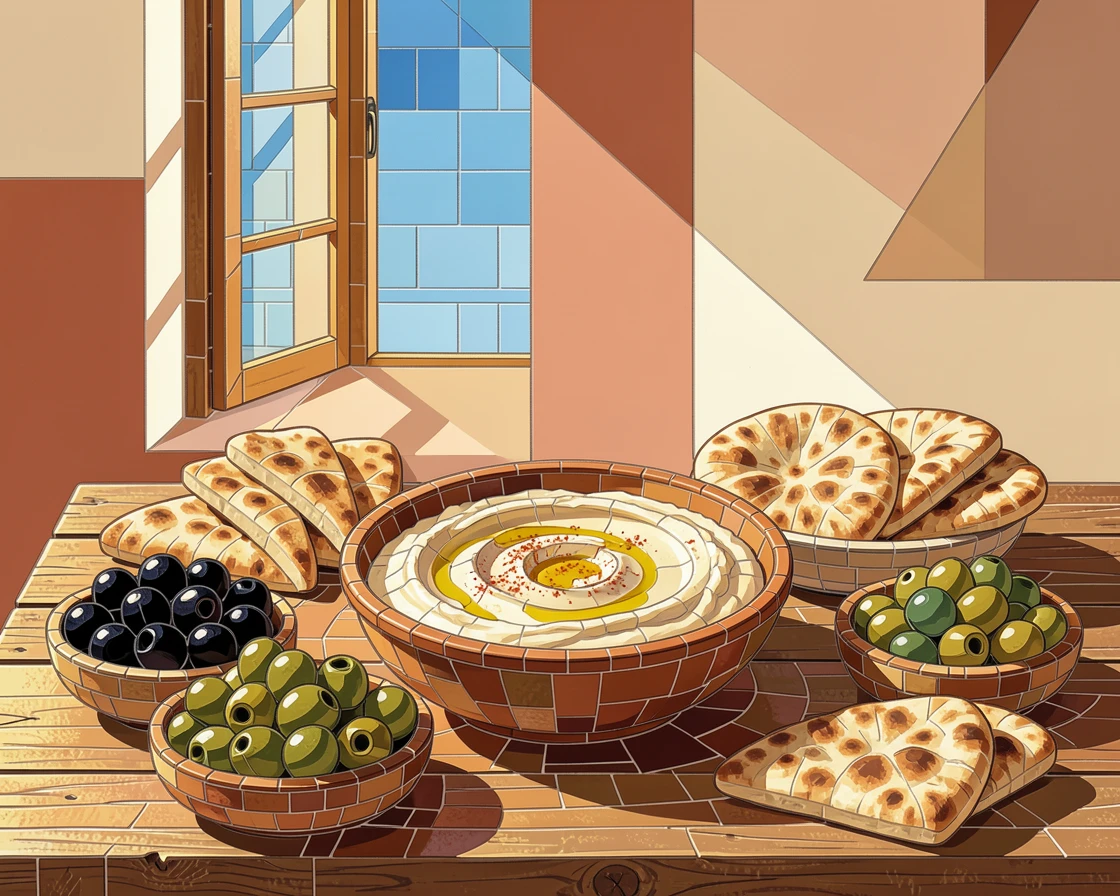 A mediterranean mezze spread with hummus, olives, and warm pita, styled beautifully with warm natural window light.