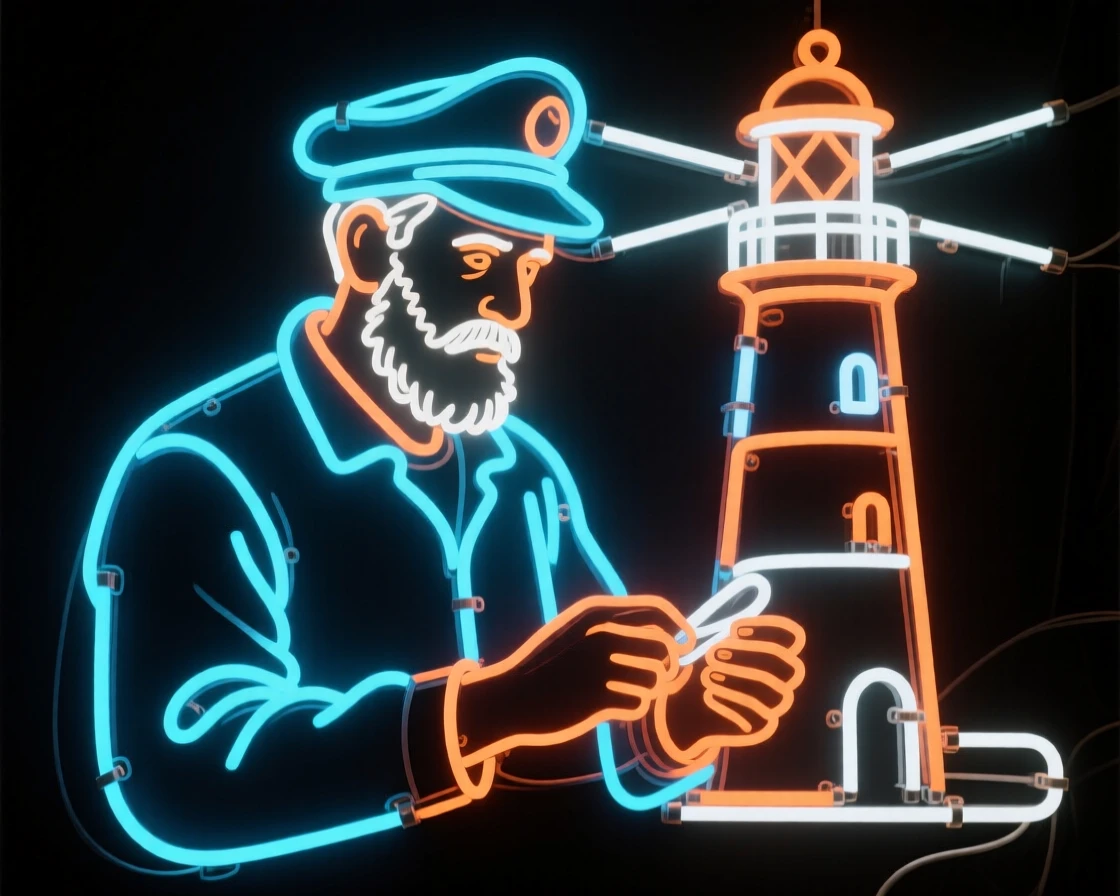 A candid portrait of a lighthouse keeper focused intently on their craft.