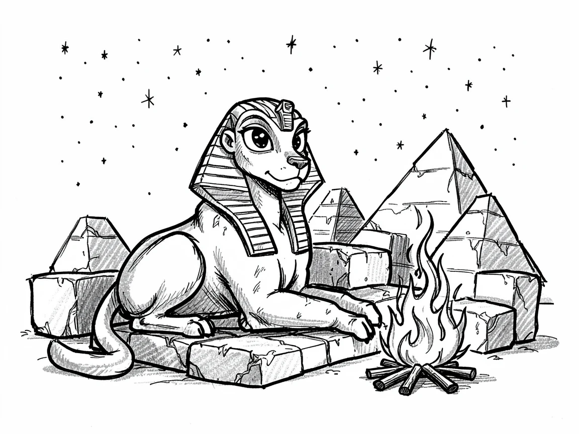 A sphinx resting beside ancient pyramid stones beside a bonfire under starlight.