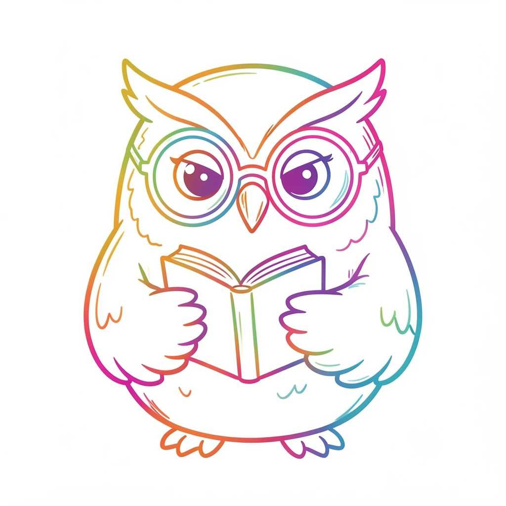 A round-bodied owl character wearing glasses and reading a tiny book.