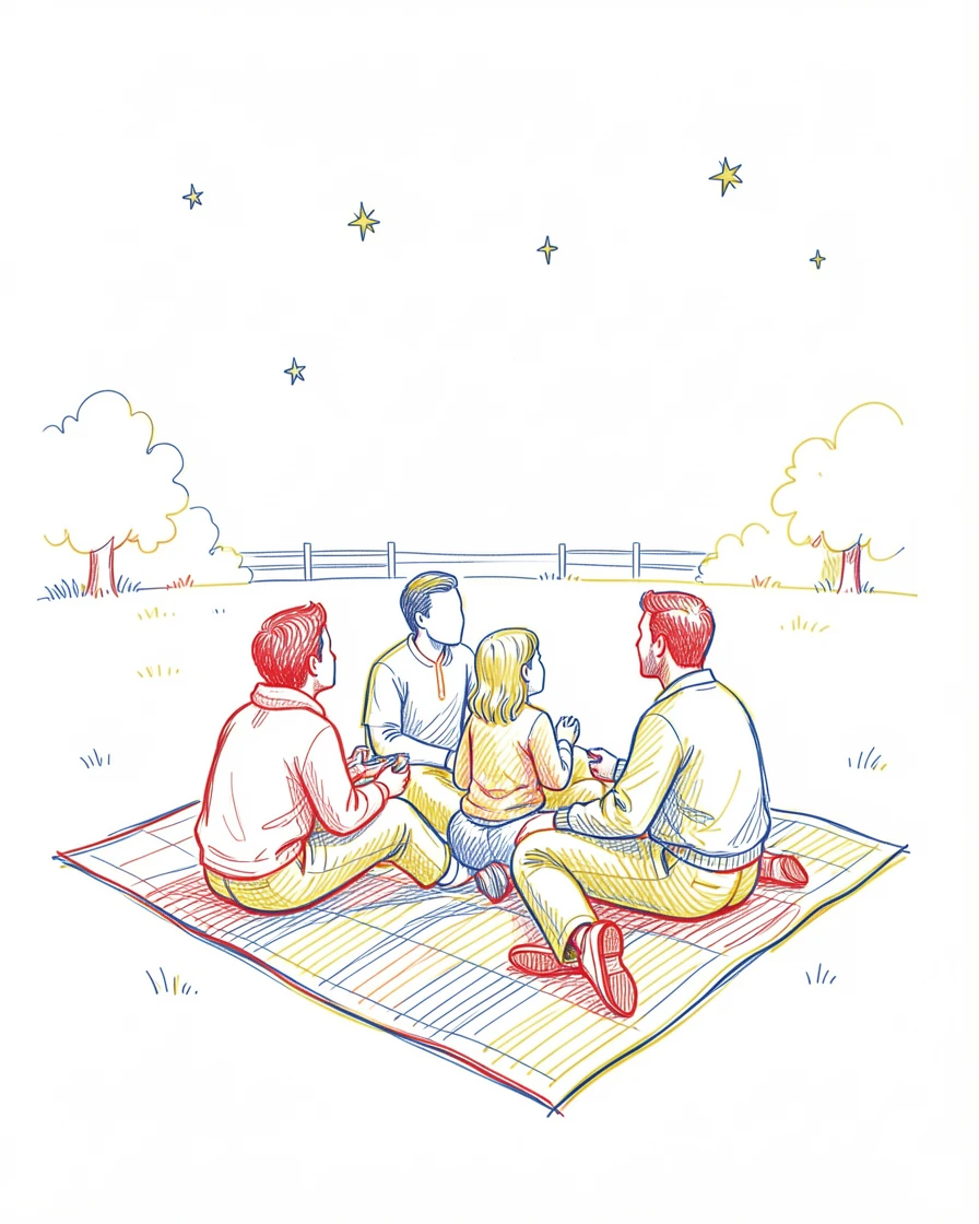 A family stargazing together from a blanket in the backyard