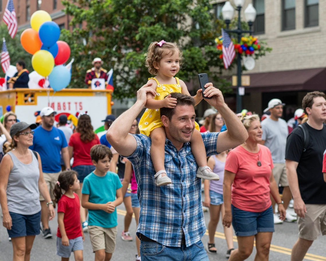 A father lifts his toddler onto his shoulders at a crowded parade so she can see over the crowd.
