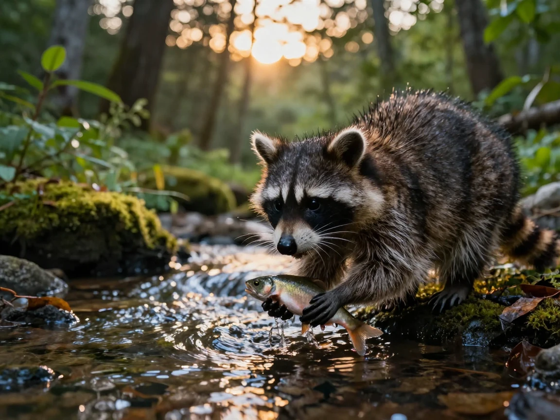 A raccoon washing a small fish in a clear forest stream at dusk