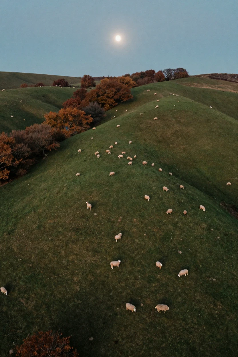 Rolling green hills dotted with grazing sheep, under moonlight, in crisp, dry air, in late autumn, with deep emerald greens and browns, shot from directly overhead.