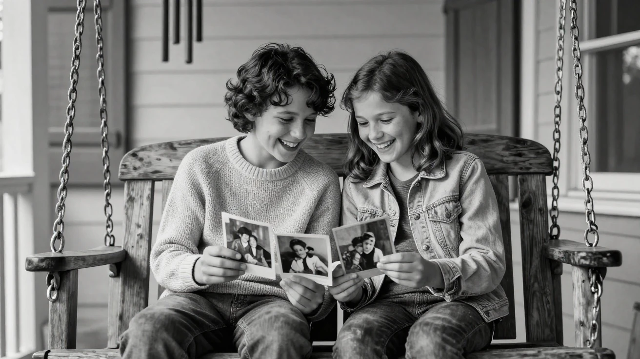 Two childhood friends laugh together over old photographs on a porch swing.