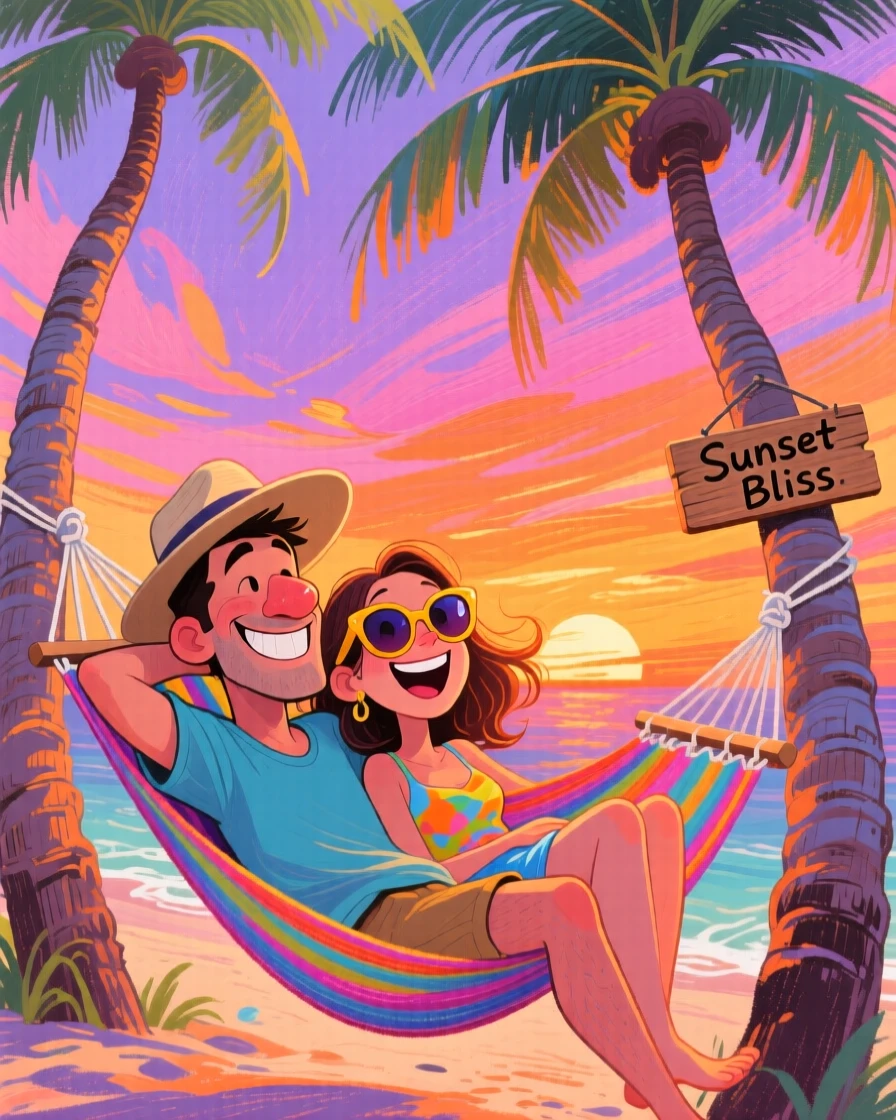 A couple watching the sunset from a hammock strung between two palm trees on vacation.