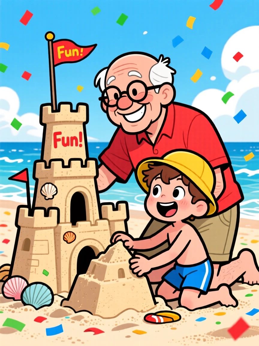 A heartwarming scene of a grandfather and his grandson building a sandcastle together at the beach, as confetti drifts down around them.