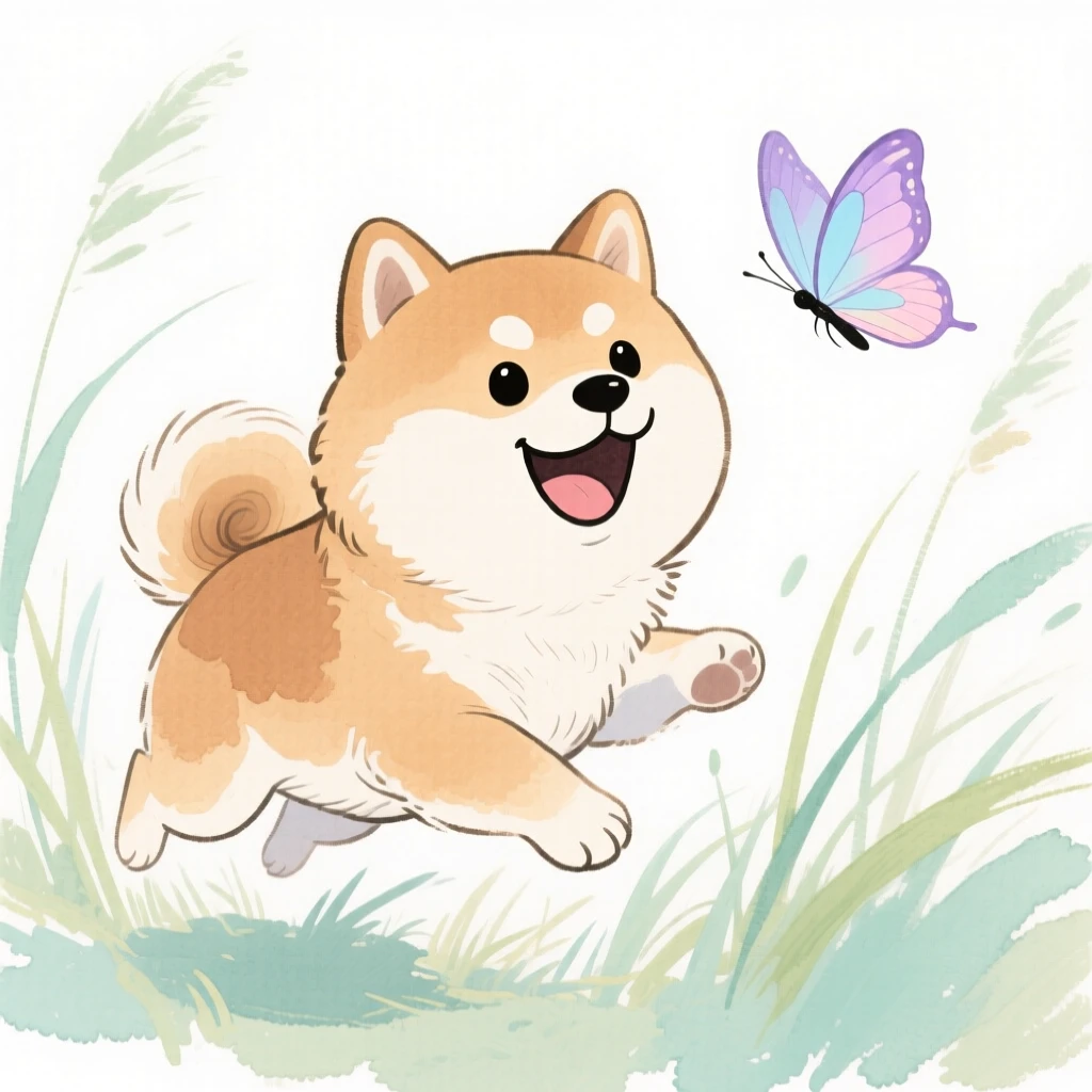 A shiba inu chasing a butterfly through tall grass
