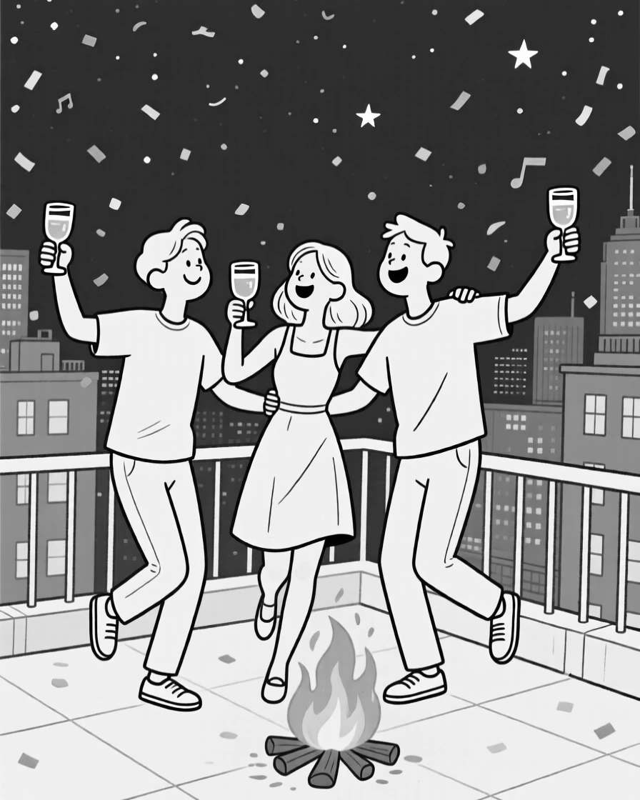 Friends clinking glasses in a joyful toast, swaying arm in arm to the crackling fire's rhythm, set on a rooftop overlooking a city skyline at night. Confetti drifts lazily through the air. The scene overflows with communal joy and tradition.