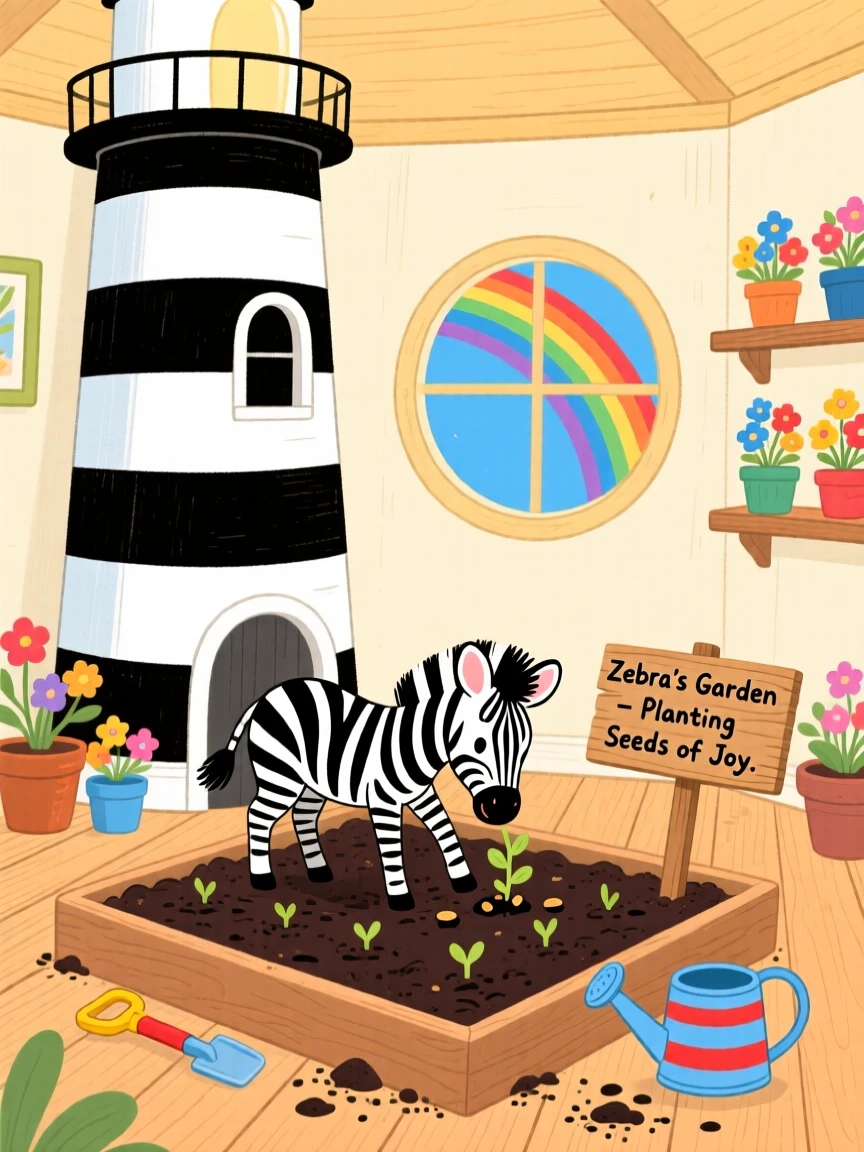 A stripy zebra foal is planting seeds in a garden bed in a striped lighthouse, with a rainbow arching in the distance.