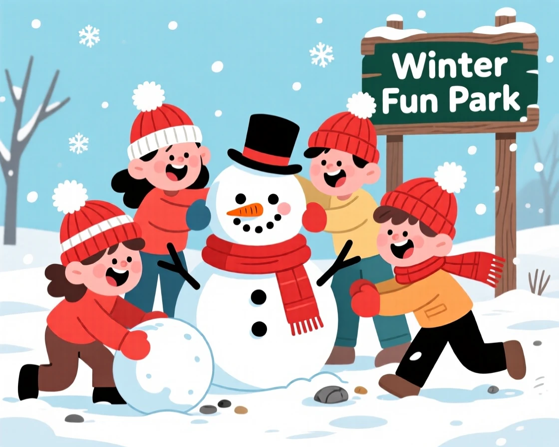 A group of friends building a snowman together in matching hats.