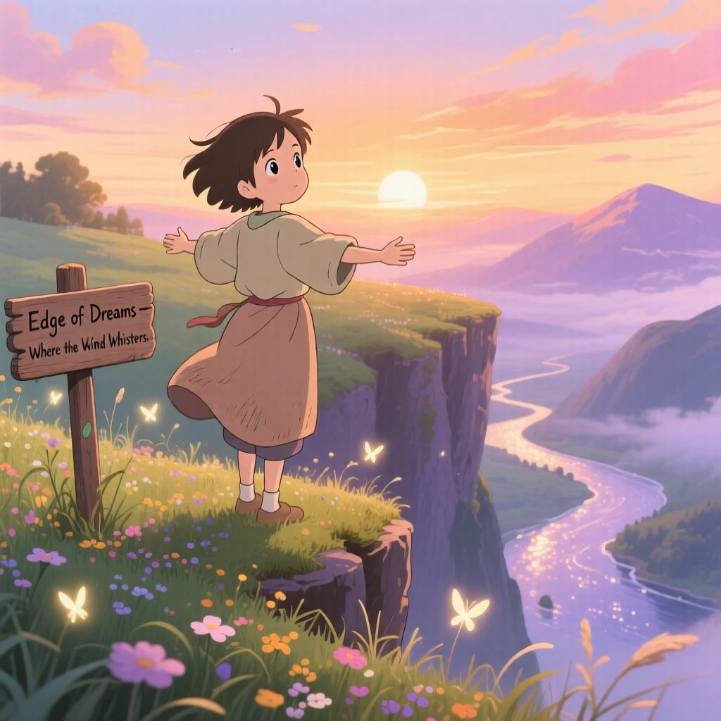 A tender moment of a person standing at the edge of a cliff, arms open to the wind, the scene warmly nostalgic.