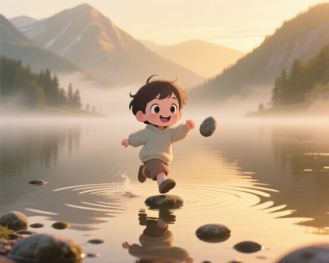 A small child skipping stones across a calm lake, framed as a wide establishing shot within a mountain lake at golden hour, on a misty foggy morning, glowing under diffused overcast light, evoking triumphant pride.