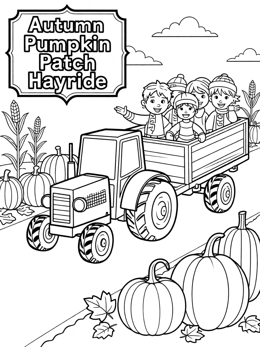 An autumn pumpkin patch hayride with a tractor