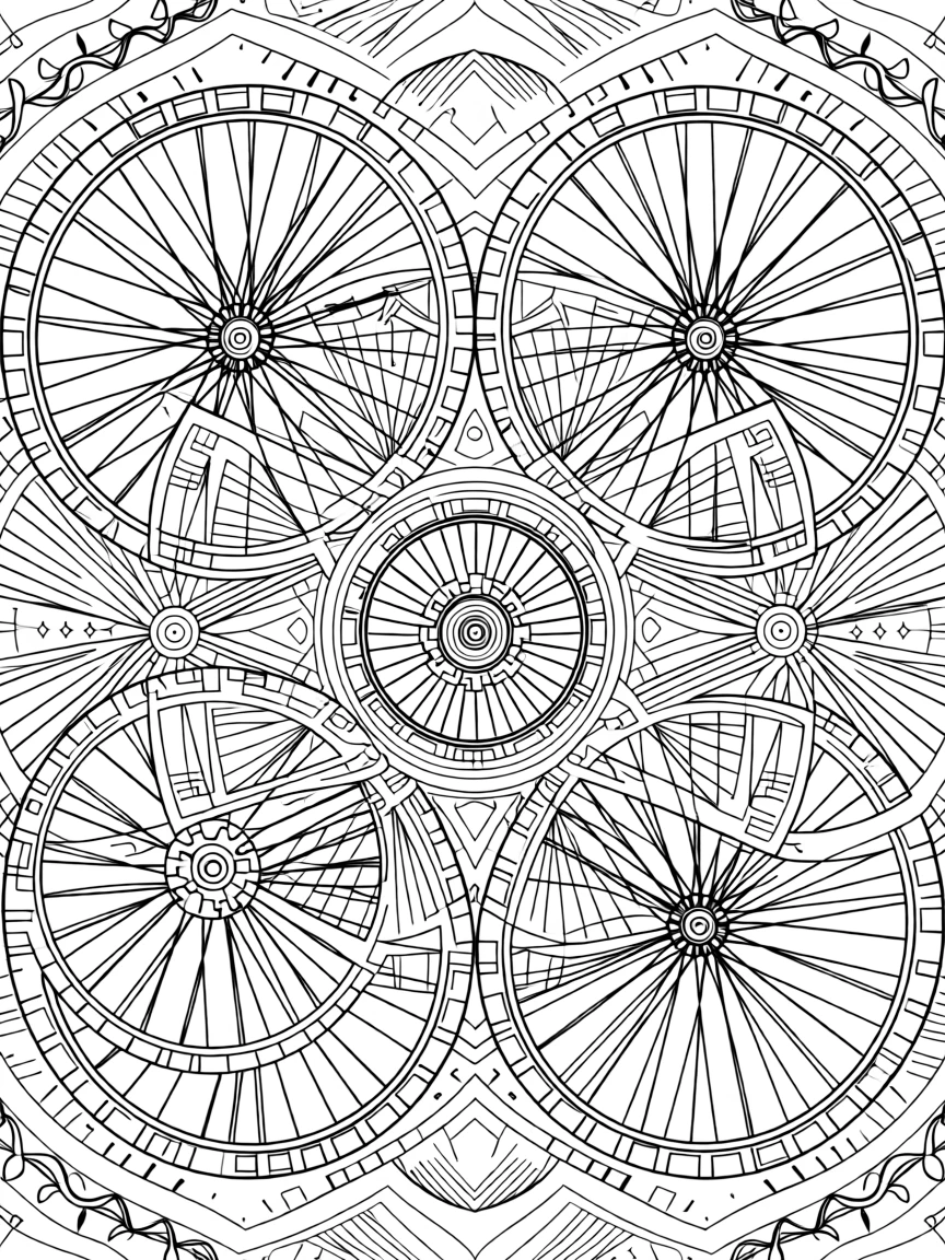 A mandala of stacked bicycle wheels forming a geometric spiral.