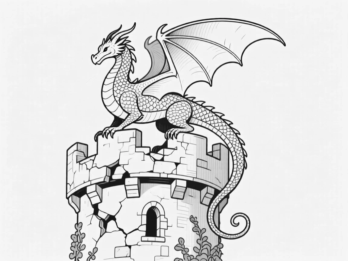 A dragon perched atop a crumbling castle tower