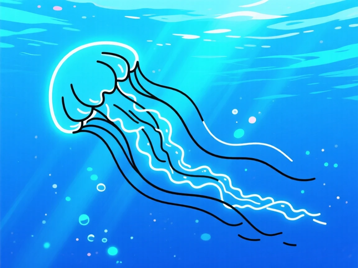 A jellyfish drifting gracefully through glowing blue ocean water.