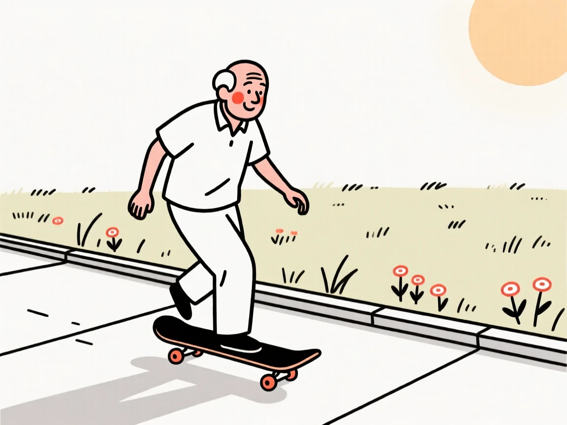 A grandfather of Greek heritage learning to skateboard in a driveway, in a sunlit meadow.