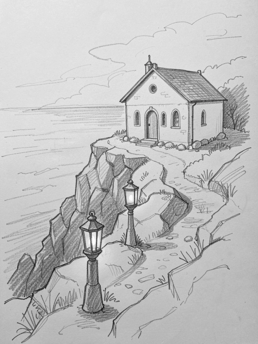 A coastal cliffside chapel in the soft light of early morning, with lanterns glowing along the pathway.