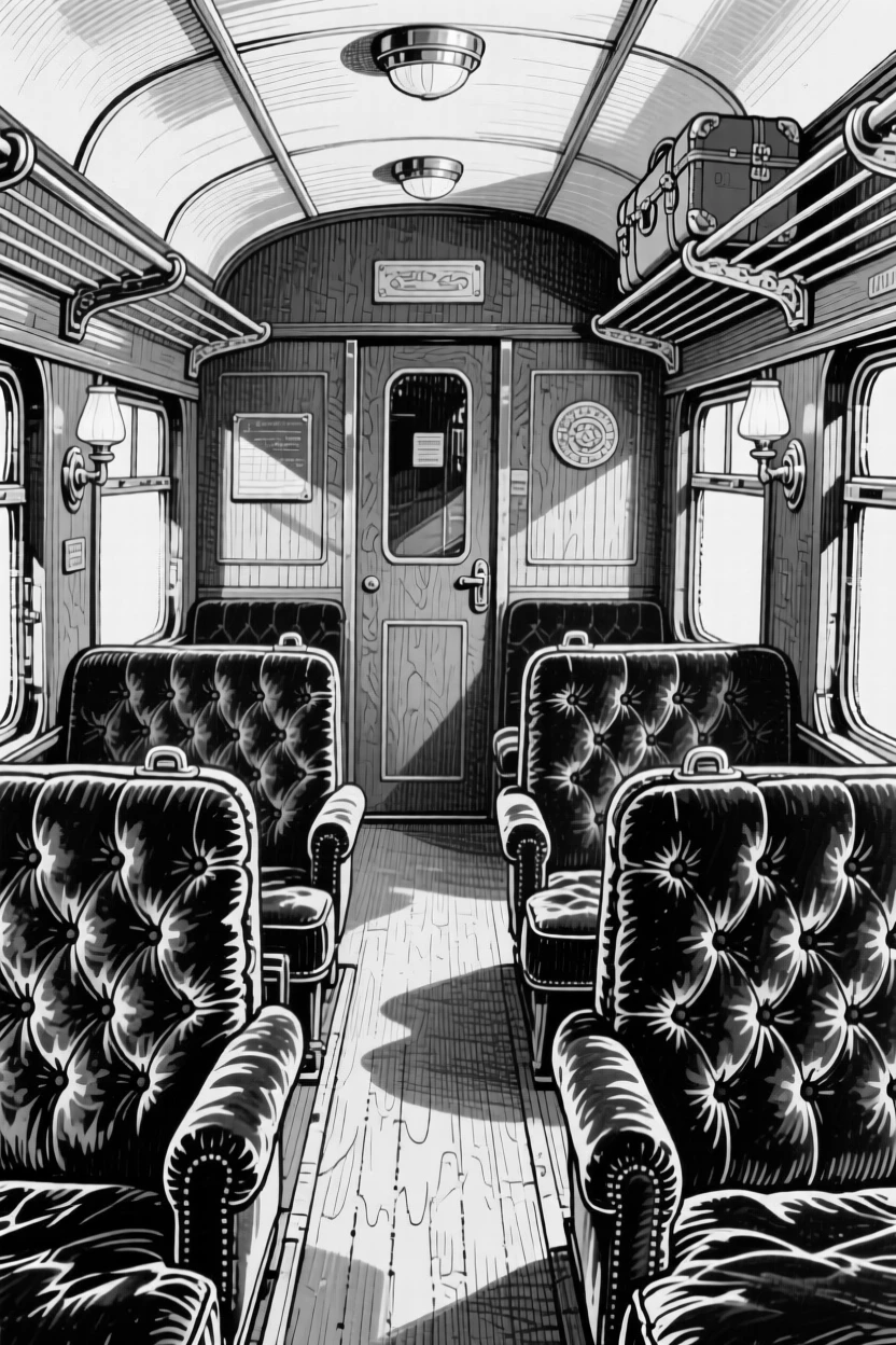 A vintage train car interior with plush velvet seats and brass fittings.