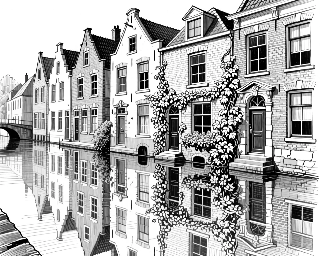 A row of colorful canal houses reflected in a still canal, featuring climbing vines softening the stonework, rendered in an elegant and serene architectural composition.