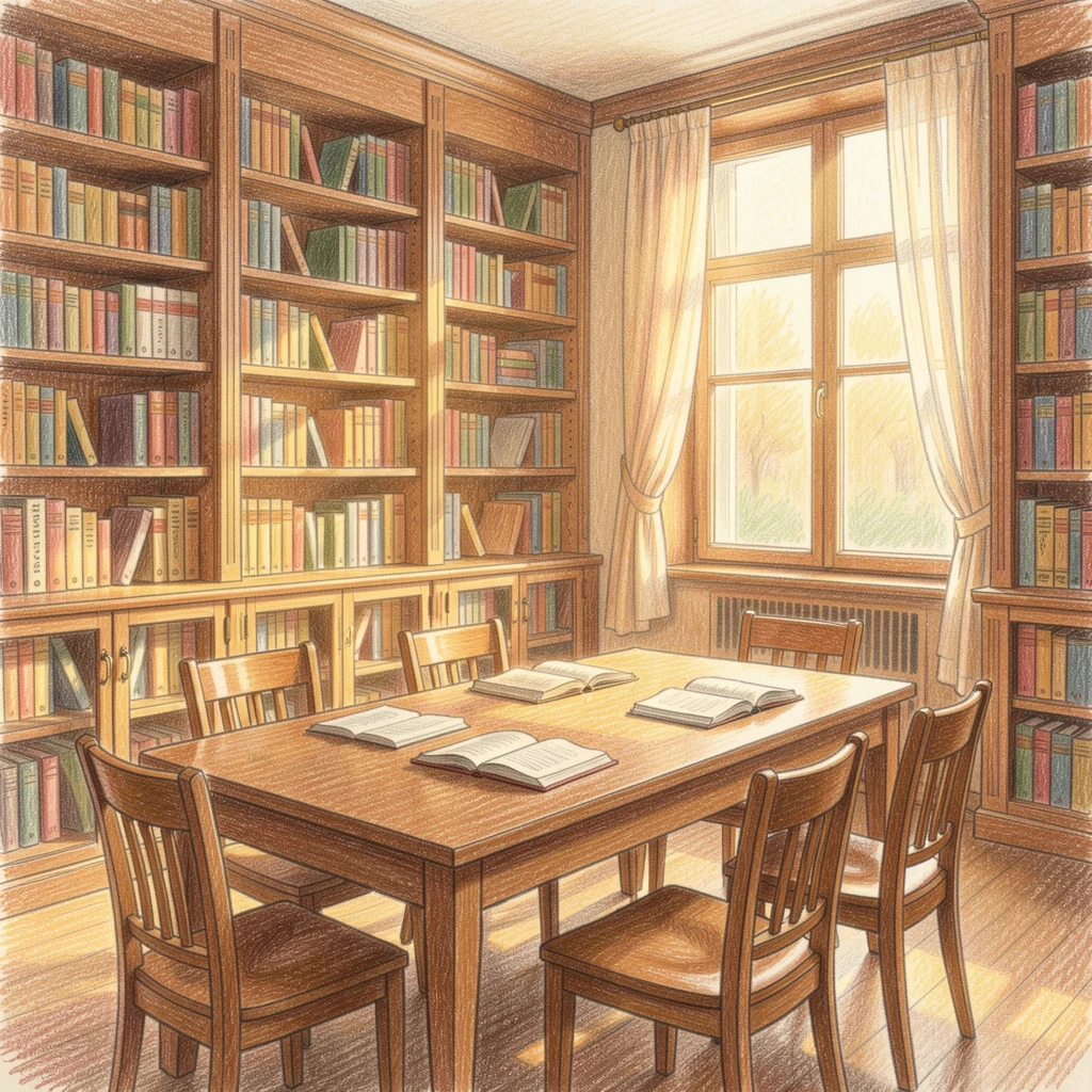 A quiet library reading room bathed in warm afternoon light, with a serene stillness in every detail, celebrating stillness, simplicity, and inner peace.