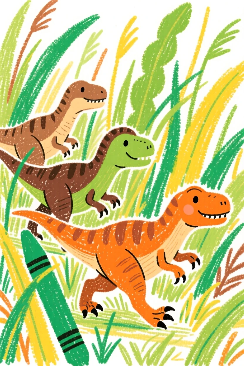 A pack of Velociraptors moving through tall prehistoric grass.
