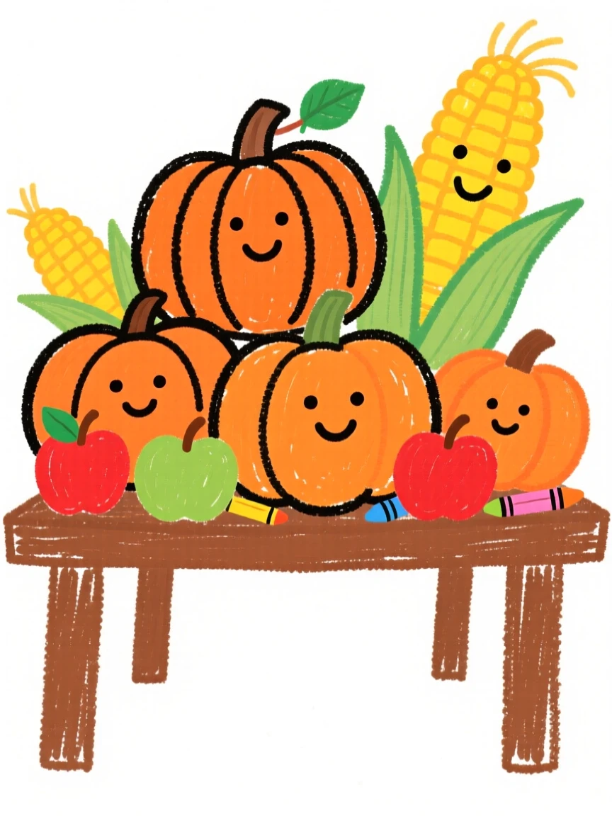 A harvest table piled with pumpkins, corn, and apples.