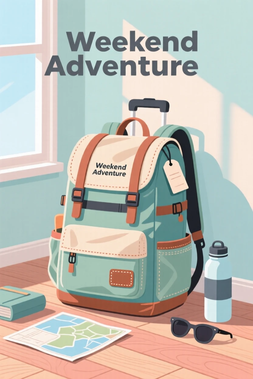 A neatly packed travel backpack ready for a weekend adventure, set in a bright, sunlit room with soft natural light, arranged with layered textures creating visual interest, with gentle pastel tones evoking calm and comfort.
