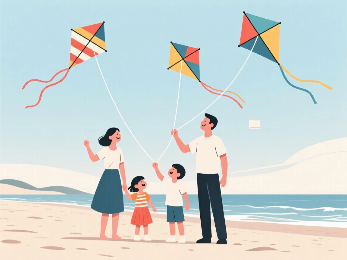 A family flying kites together on the beach.
