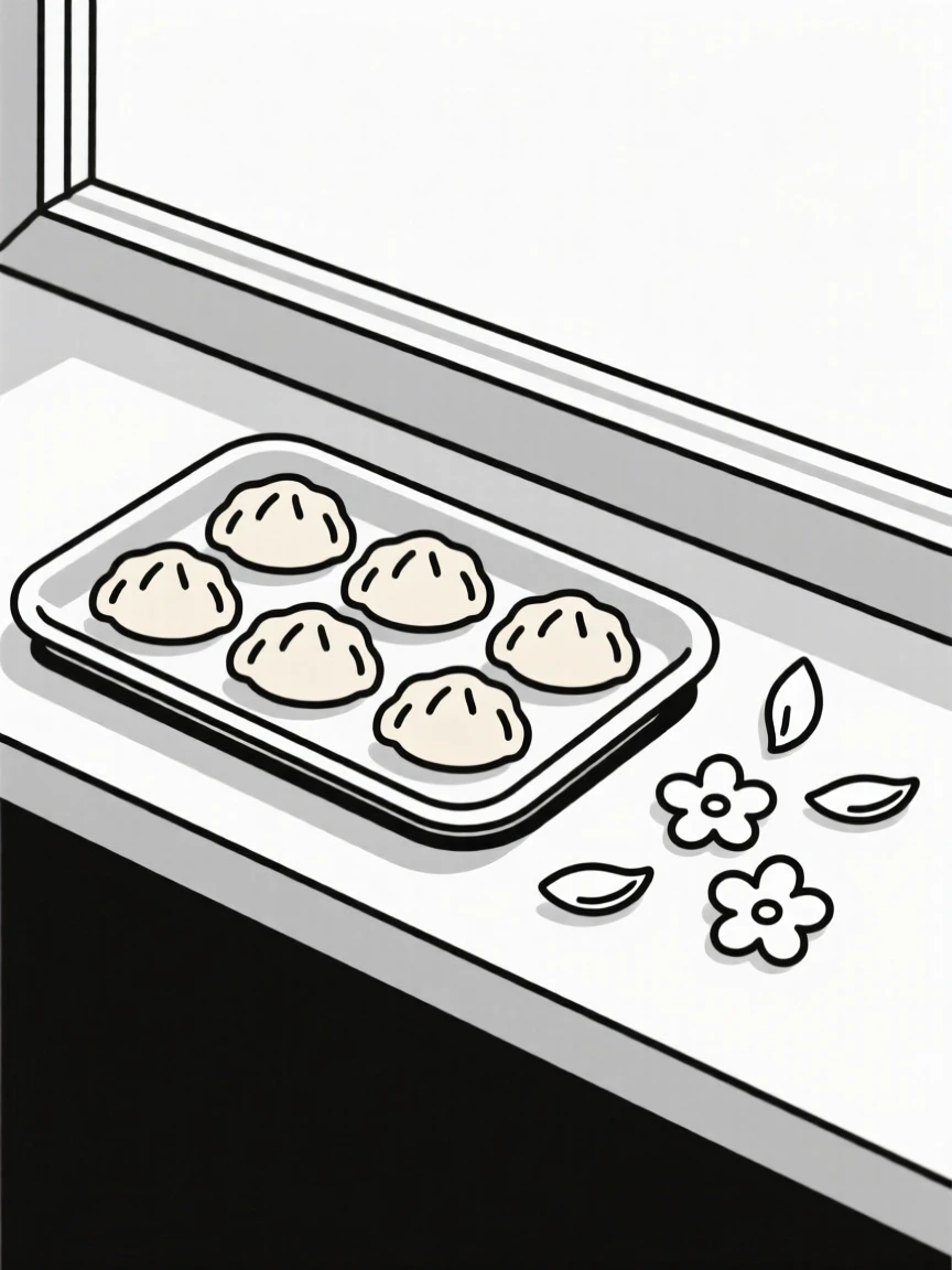 A close-up of tray of dumplings arranged beside scattered flower petals in a café windowsill, full of fresh vibrance.