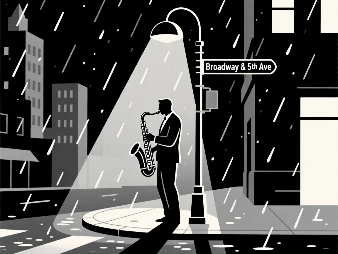 A saxophonist playing on a rainy city street corner.