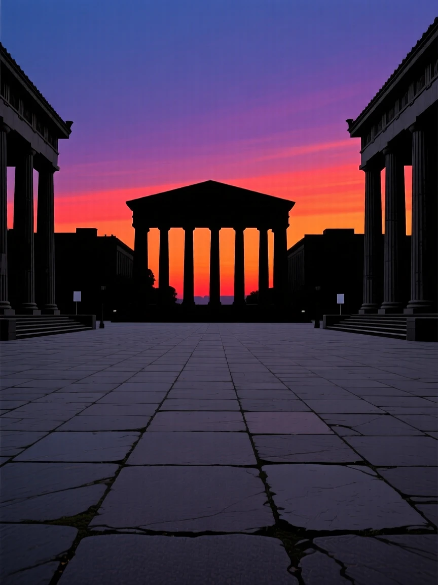 A wide stone plaza framed by grand columned buildings at dusk.