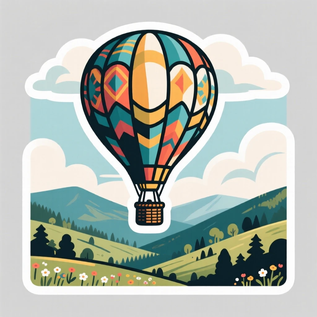 A majestic hot air balloons floating over a valley, with soft clouds drifting overhead, where the air feels crisp and fresh.