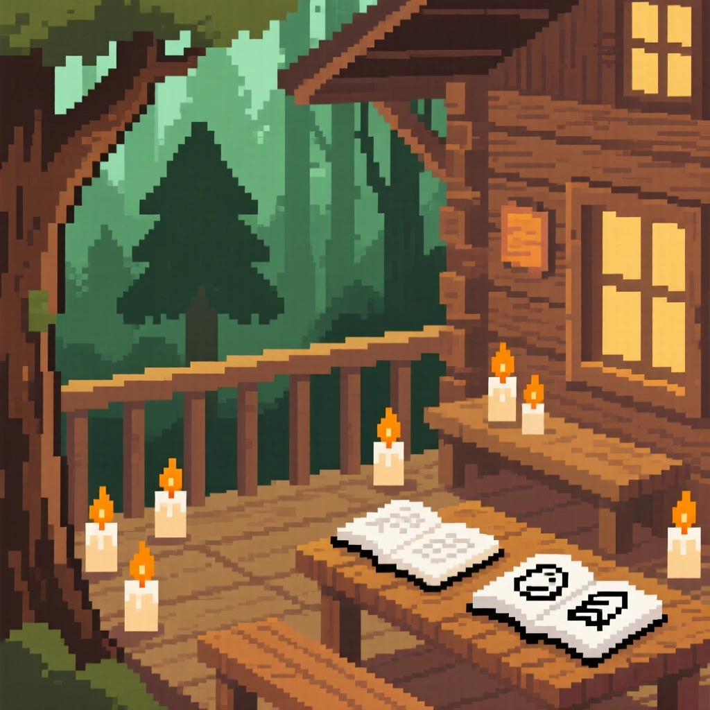 A cabin porch surrounded by candles and open sketchbooks, in a treehouse overlooking a quiet forest.