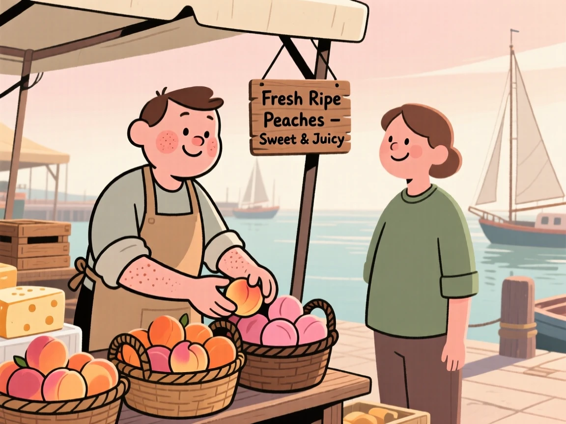 A cheese maker arranges baskets of ripe peaches at a bustling harbor market, greeting a regular customer with a warm smile in the morning sun.
