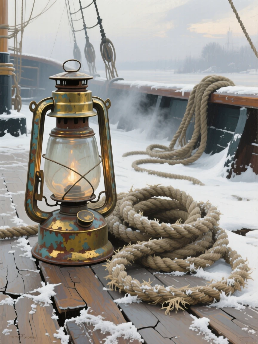 A close-up view of an old lantern and coiled rope on a weathered ship's deck, in the interwar years, in deep winter.