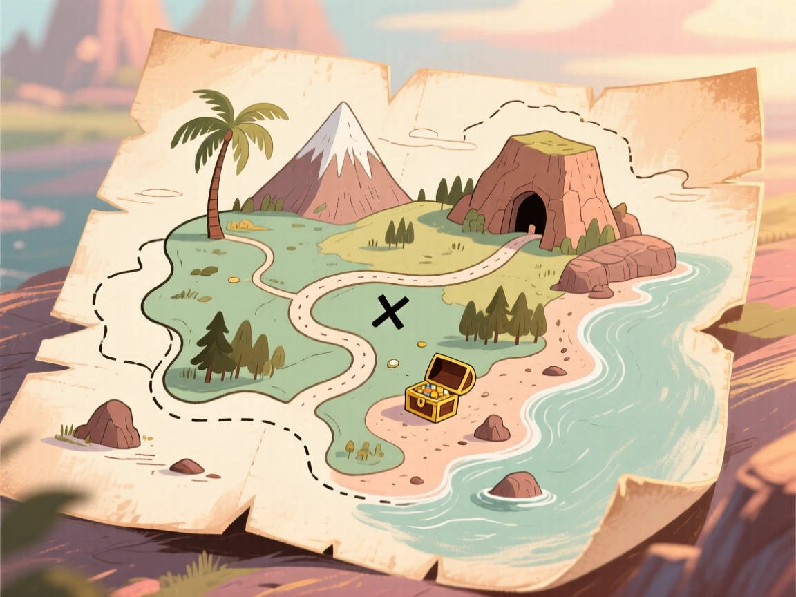 A hand-drawn treasure map with faded ink and torn edges