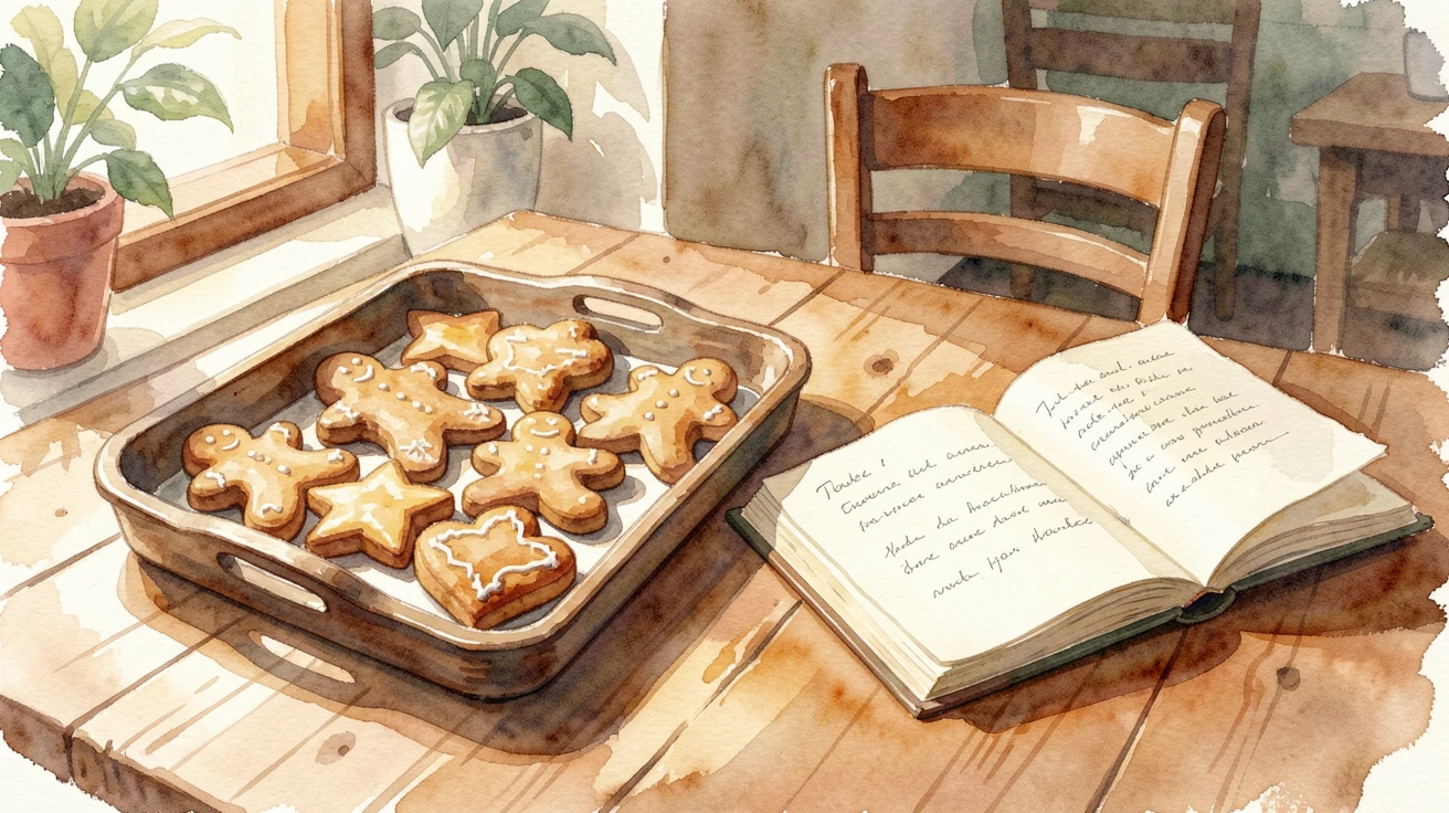 A tray of gingerbread cookies in a cozy cafe setting next to an open cookbook.