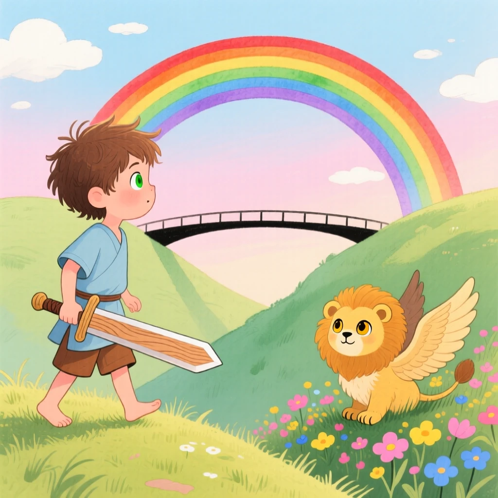 A young boy with a wooden sword discovering a rainbow bridge between two hills for the first time, greeted by a shy baby griffin.